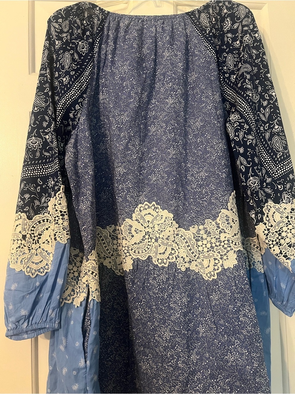 Loft Blue Boho Lace Trim Peasant mini Dress cottage poplin balloon sleeve L cos - Picture 10 of 13